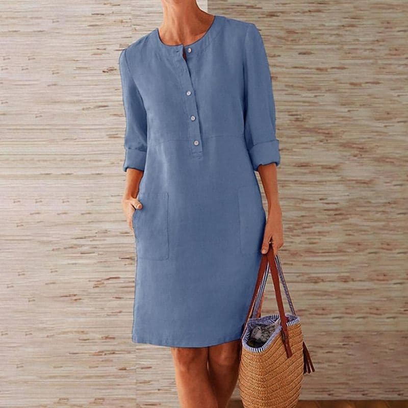 Chic Button-Front Shift Dress with Pockets | Knee-Length