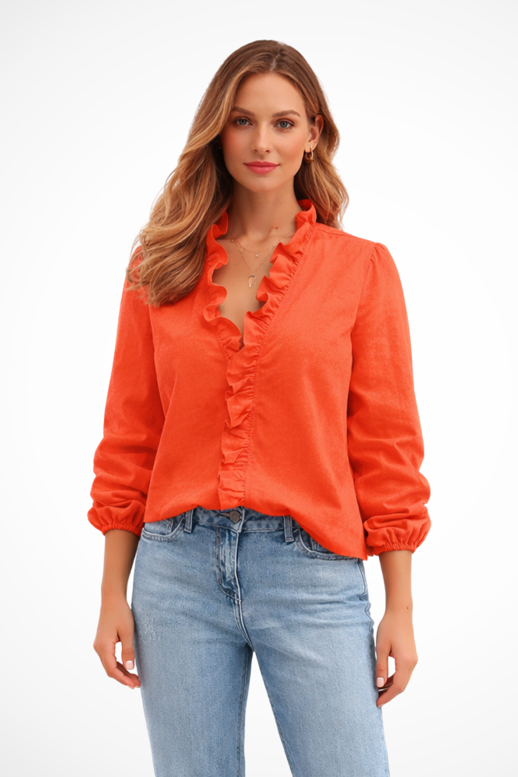 Ruffle Trim V-Neck Long Sleeve Blouse for Women