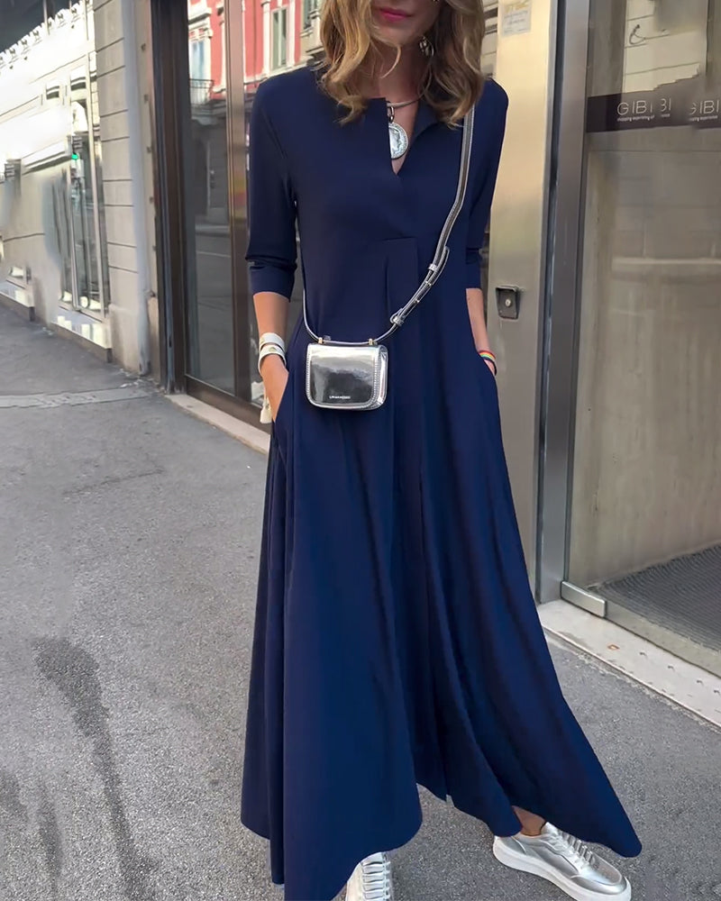 Solid Color V-neck Waist Dress