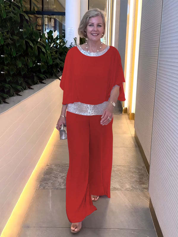 Elegant Two-Piece Wide-Leg Pants Set with Sequin Details