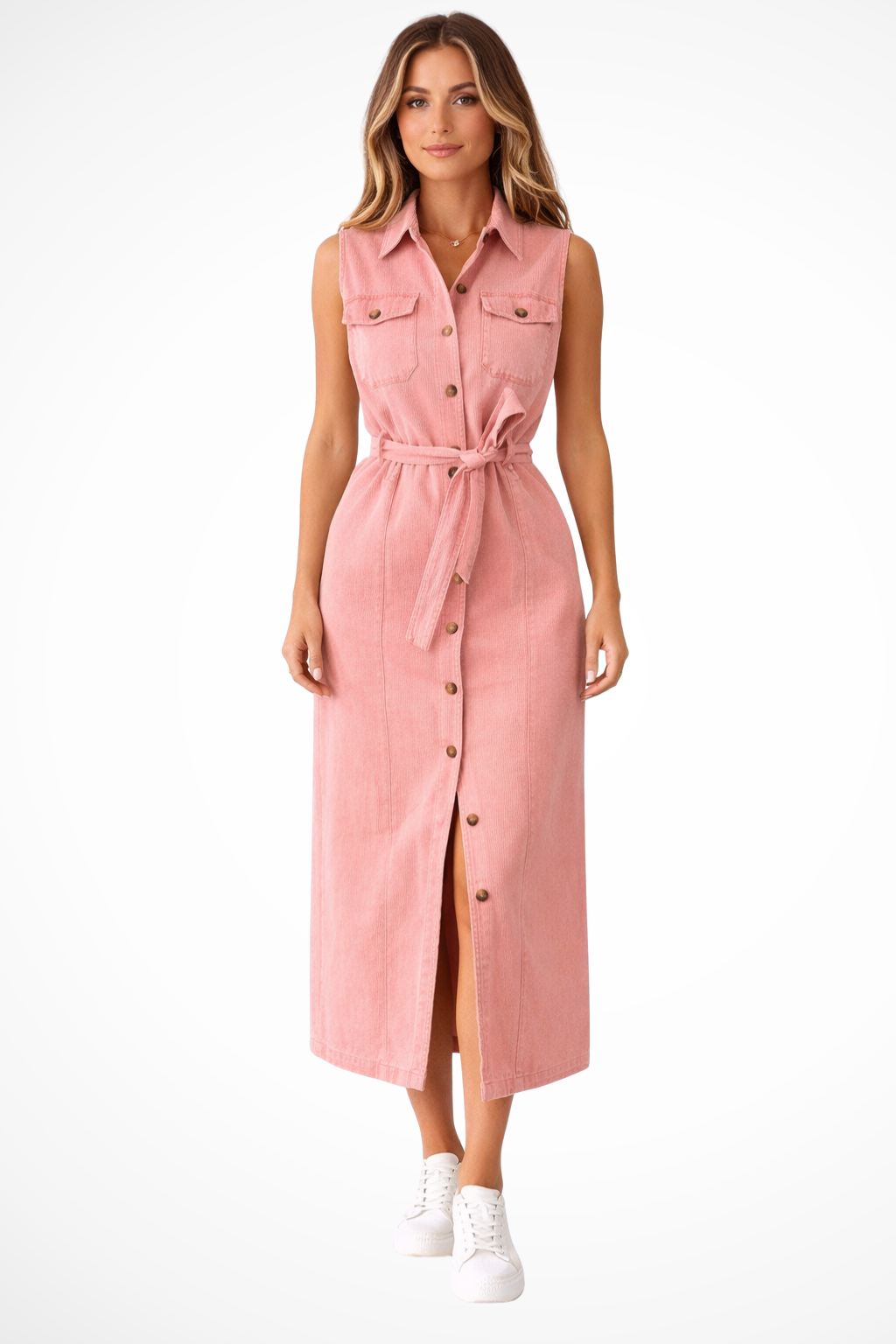 Sleeveless Belted Button-Down Denim Maxi Dress with Front Split