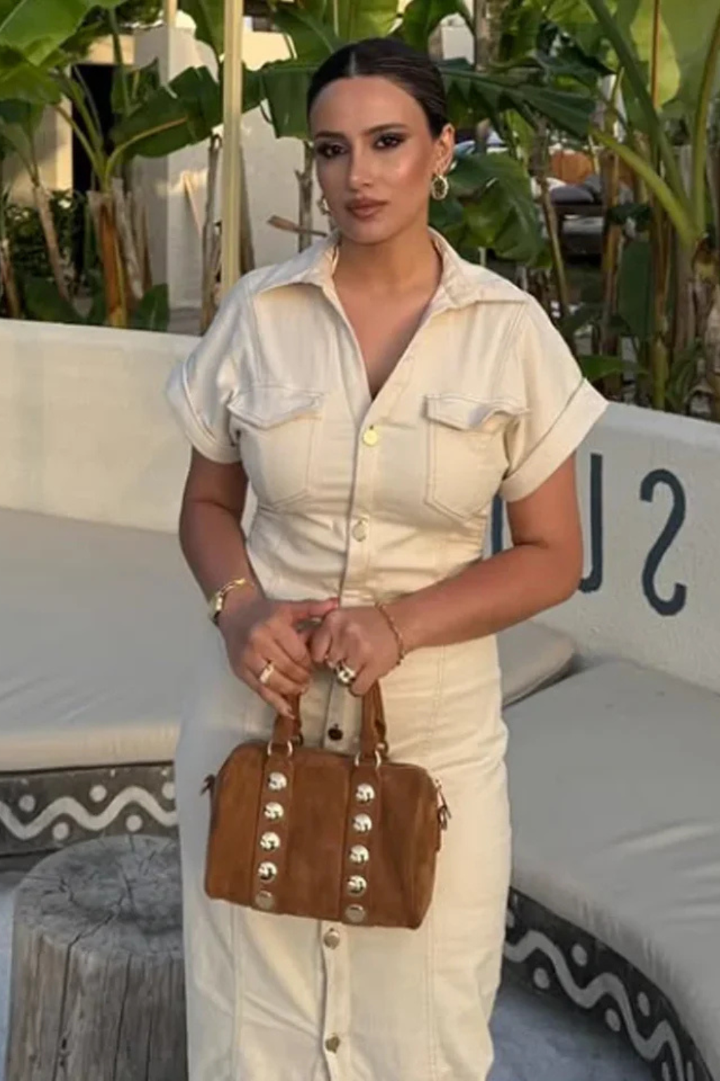 Fitted Denim Midi Shirt Dress with Button-Through Front