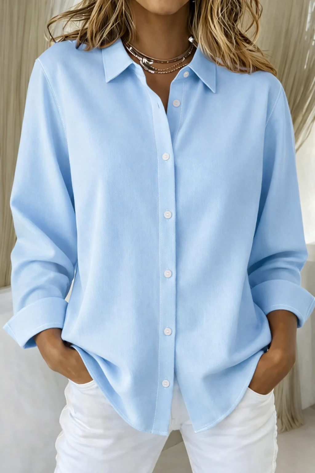 Relaxed Fit Long Sleeve Collared Button-Down Shirt for Women