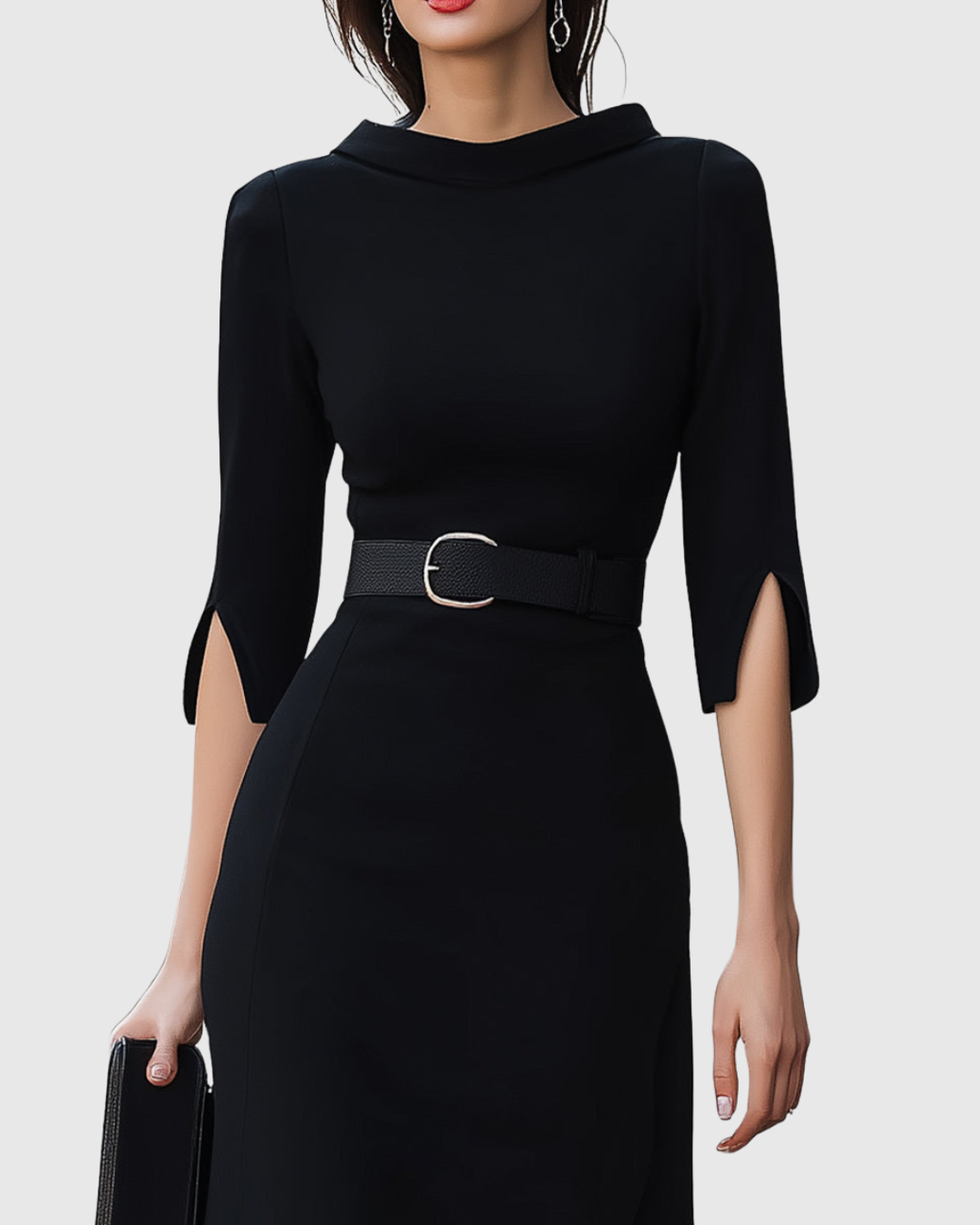 High Neck Belted Midi Dress with Asymmetric Hem for Women