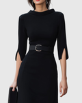 High Neck Belted Midi Dress with Asymmetric Hem for Women