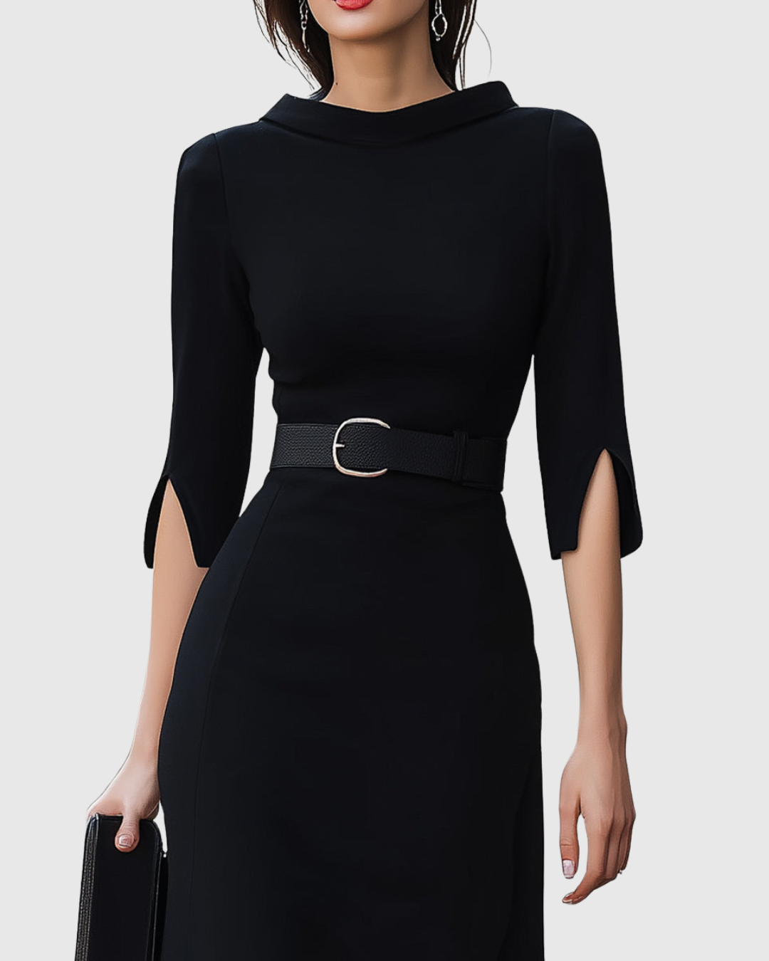 High Neck Belted Midi Dress with Asymmetric Hem for Women