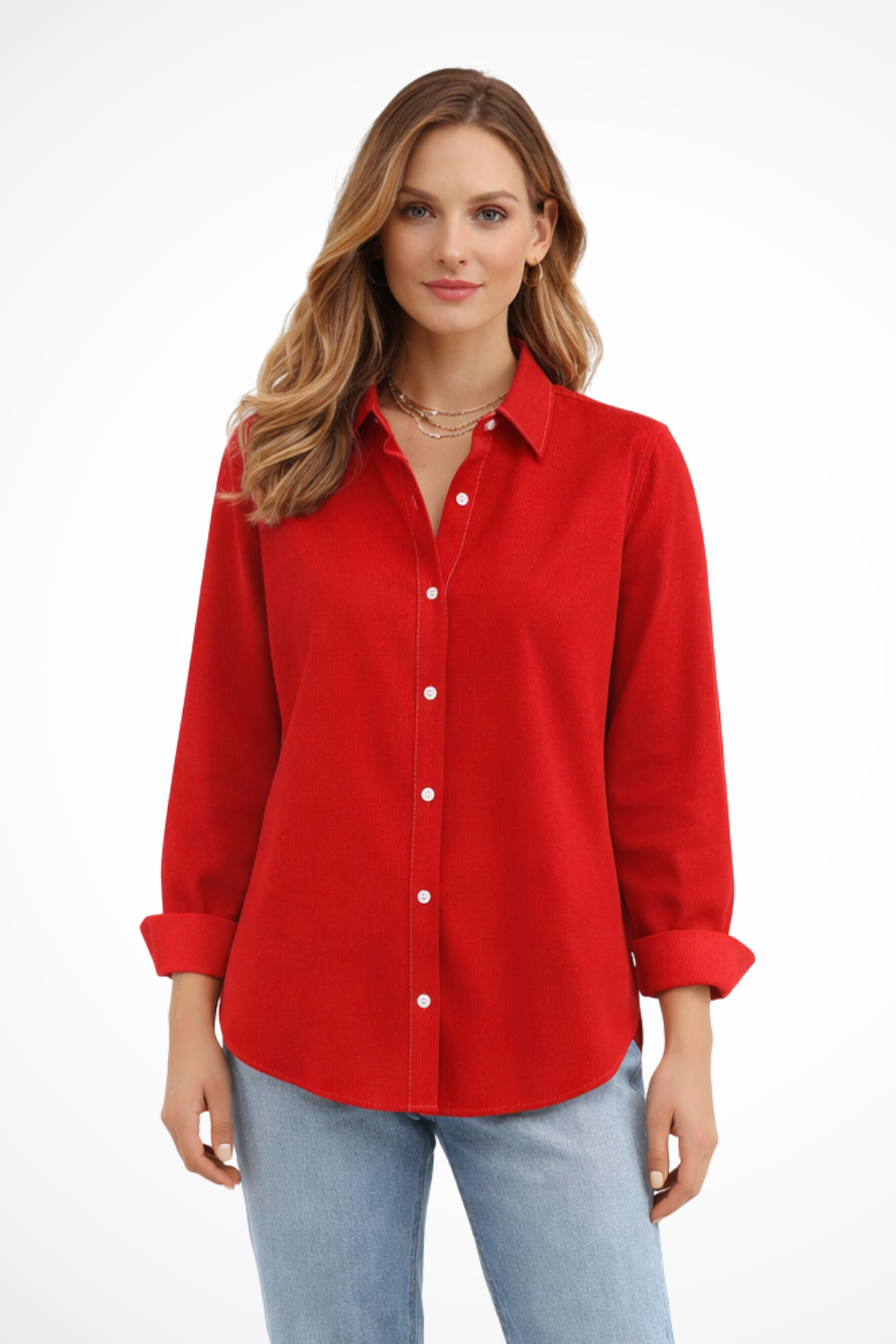 Relaxed Fit Long Sleeve Collared Button-Down Shirt for Women