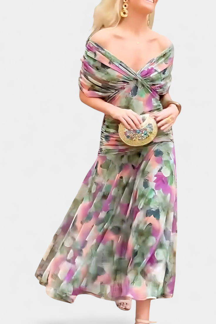 Alondra Long Floral Dress with V-Neck - Flowing Romantic Maxi Dress for Women