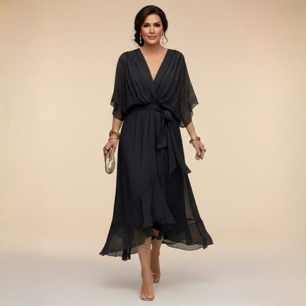 Sarah Sandra Chiffon V-Neck Dress - Flowing Maxi Dress for Women - Elegant Floor-Length Style