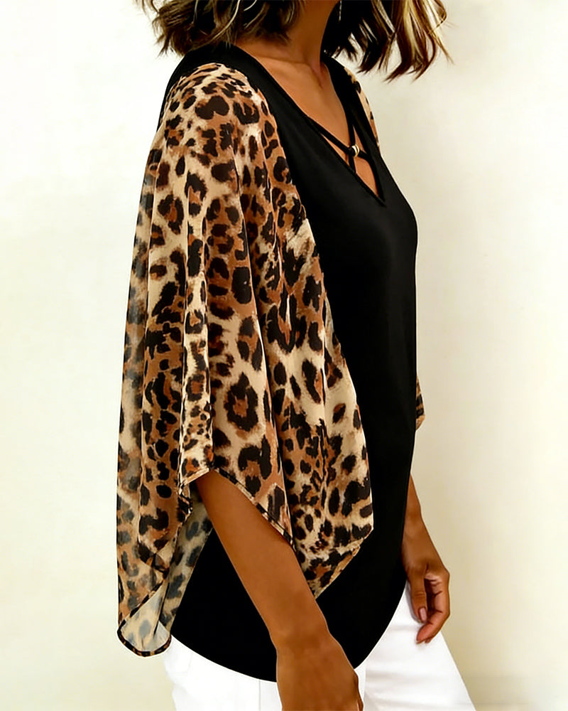 Leopard Print Patchwork Blouse with Batwing Sleeves