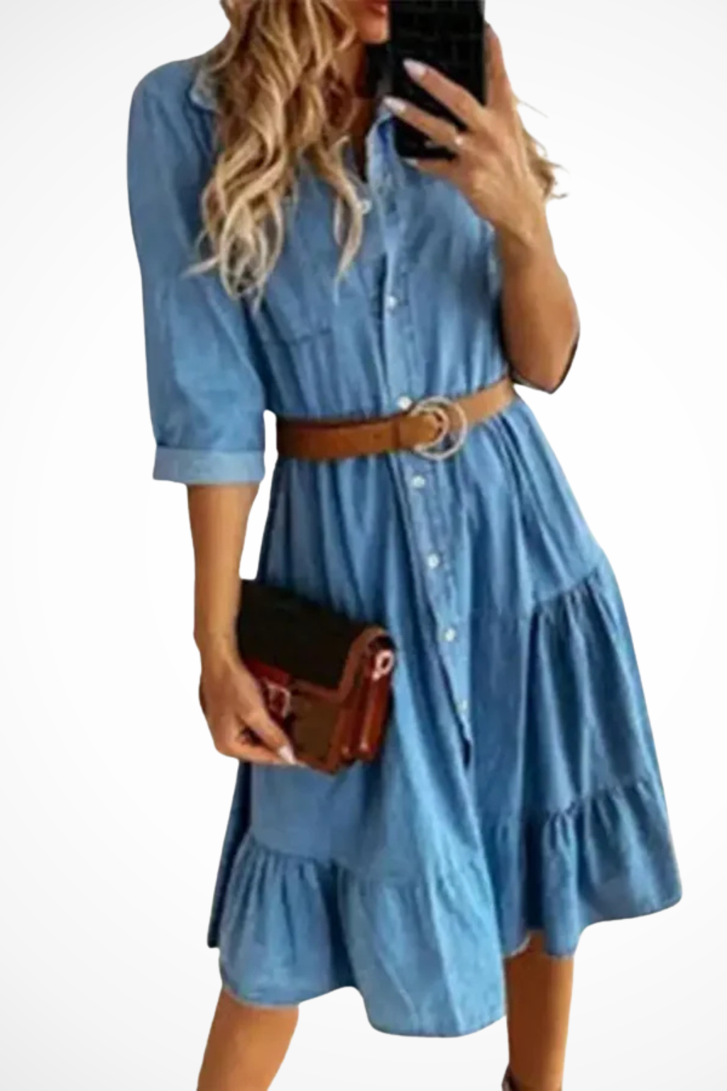 Denim Tiered Midi Shirt Dress with Waist Belt – Casual Chic