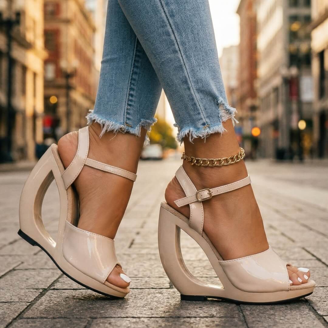 Arabella Sculpt Sandals - Cut-Out Wedge Heel with Ankle Strap