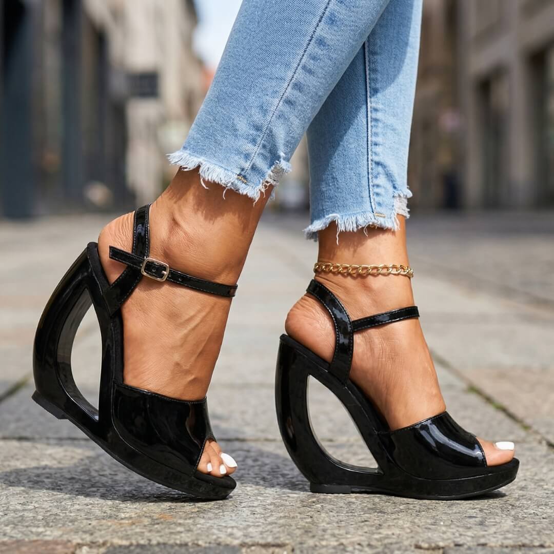Arabella Sculpt Sandals - Cut-Out Wedge Heel with Ankle Strap