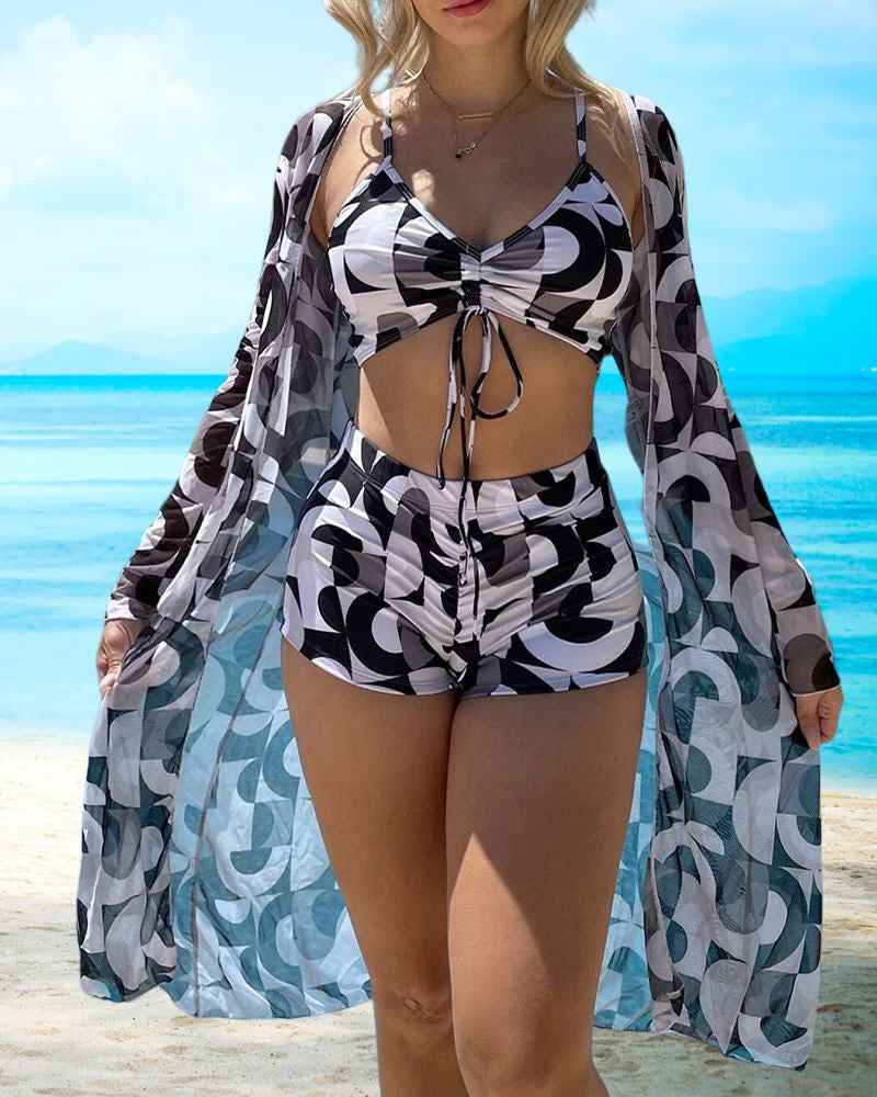 Three-Piece Printed Bikini Set in Vibrant Orange