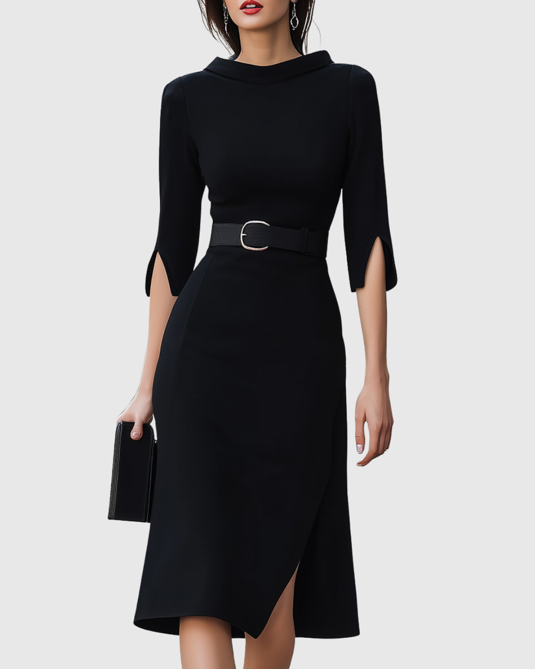High Neck Belted Midi Dress with Asymmetric Hem for Women