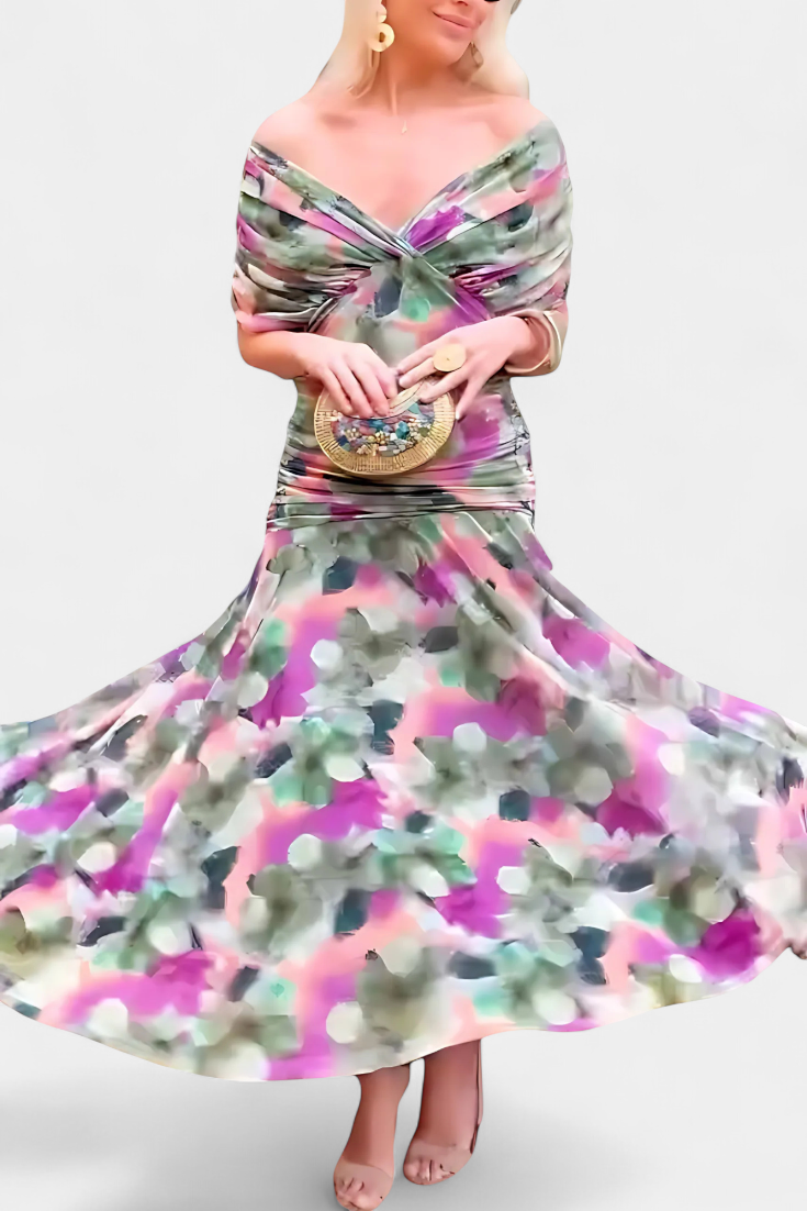 Alondra Long Floral Dress with V-Neck - Flowing Romantic Maxi Dress for Women