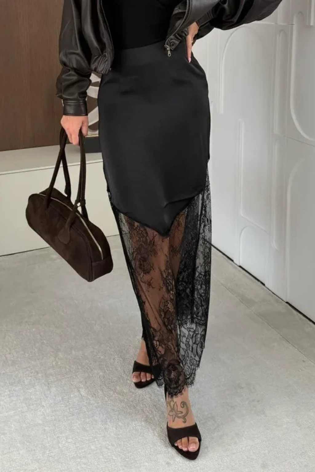 Satin Lace Hem Asymmetric Maxi Skirt | Elegant Long Skirt