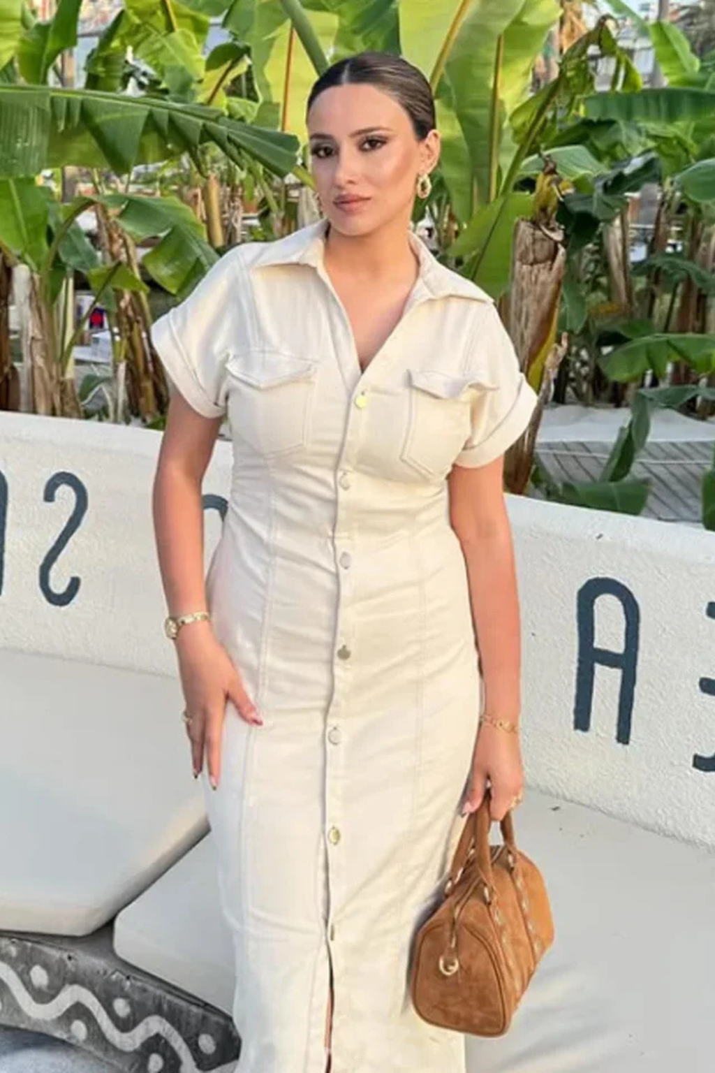 Fitted Denim Midi Shirt Dress with Button-Through Front