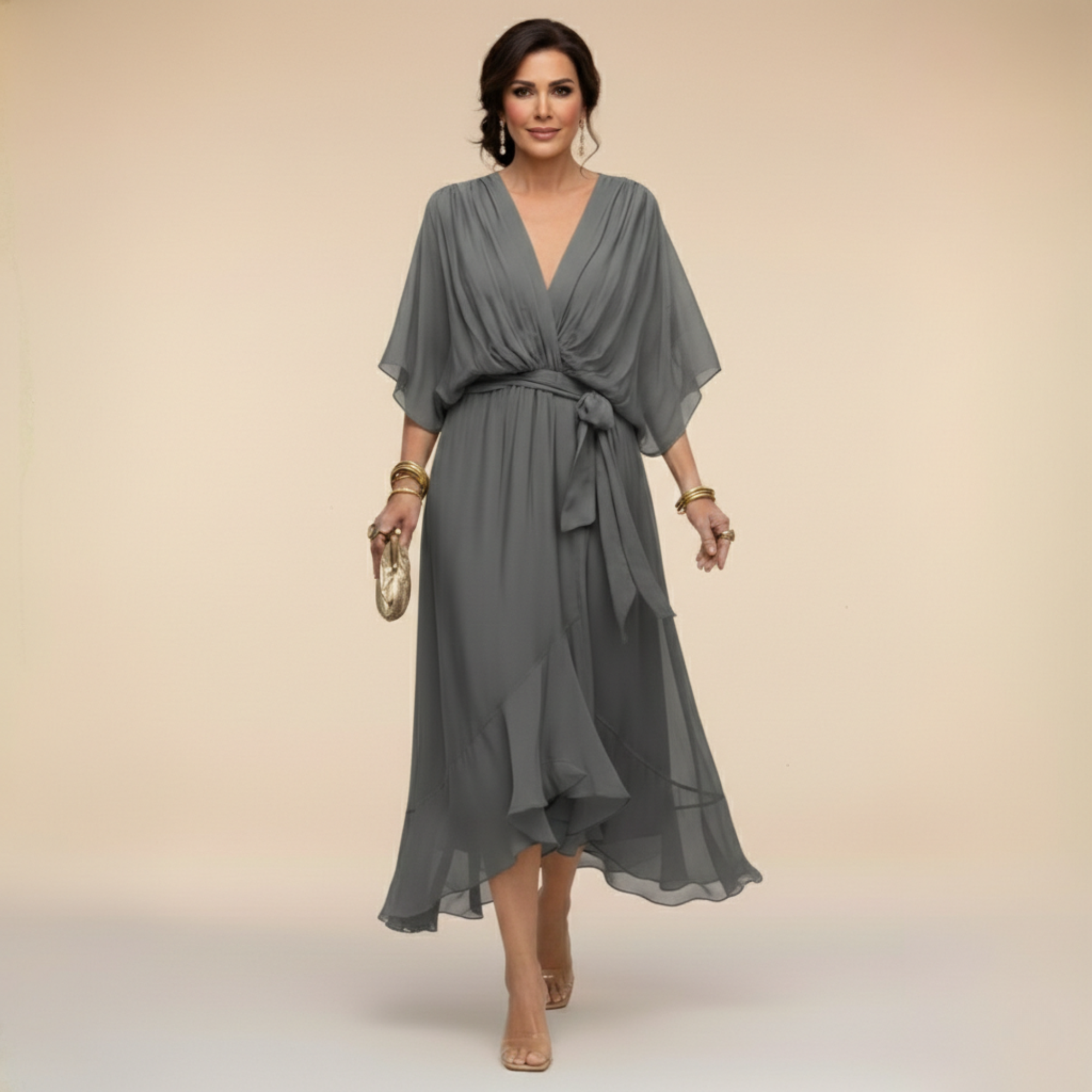 Sarah Sandra Chiffon V-Neck Dress - Flowing Maxi Dress for Women - Elegant Floor-Length Style