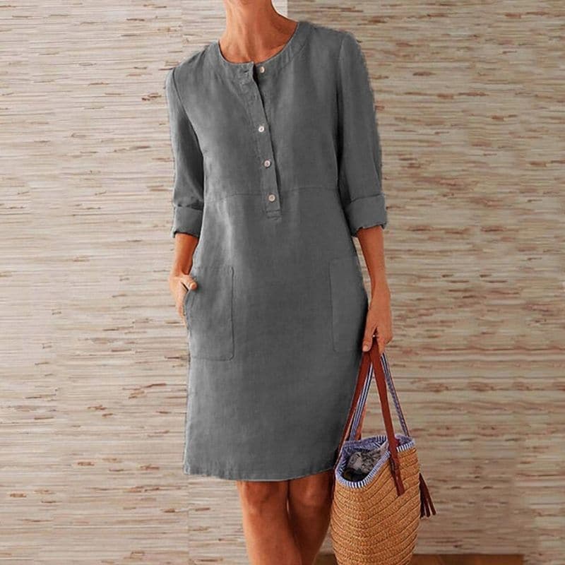 Chic Button-Front Shift Dress with Pockets | Knee-Length