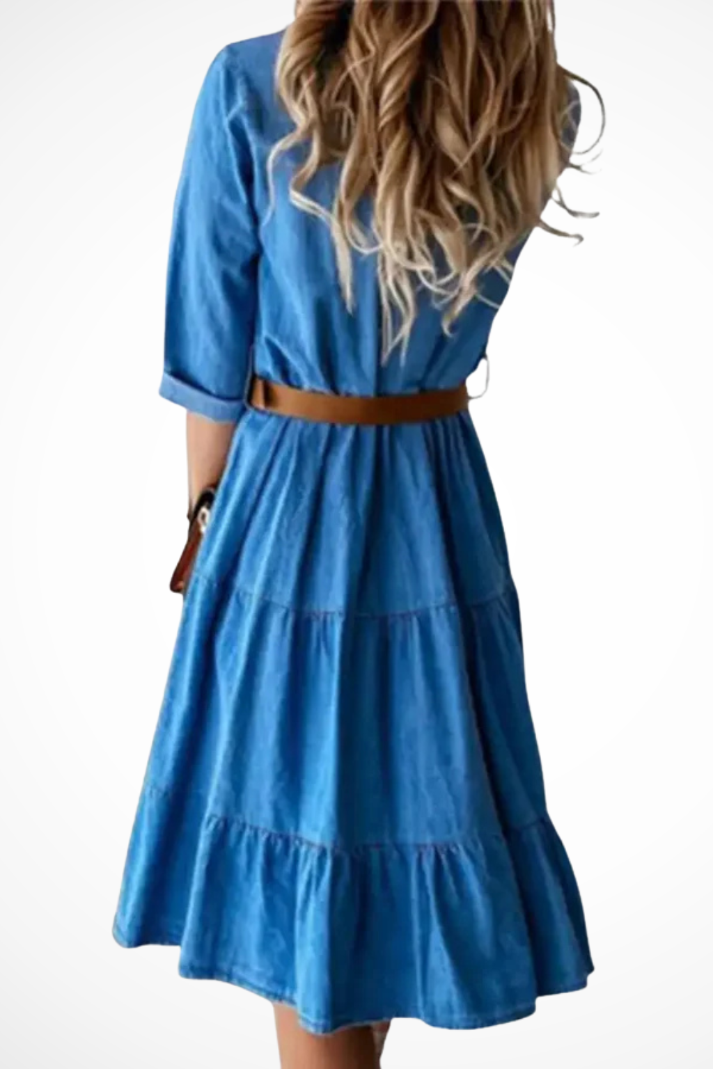 Denim Tiered Midi Shirt Dress with Waist Belt – Casual Chic