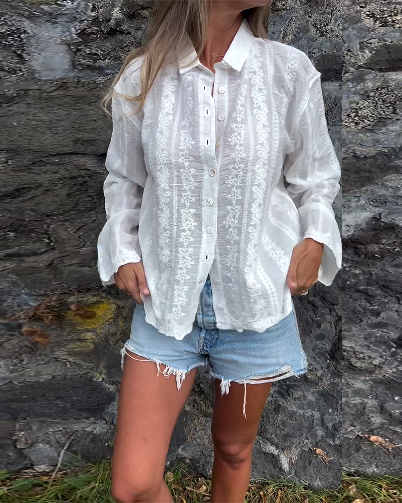 Embroidered Polo-Collar Casual Shirt with Hollow Design