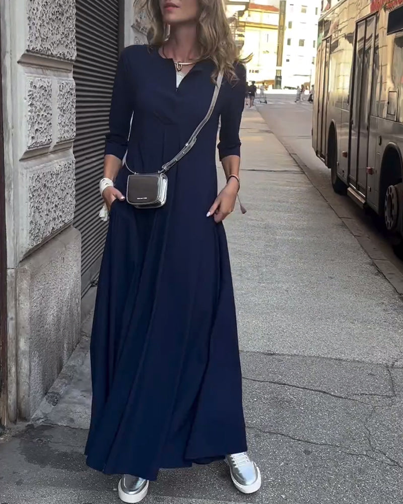 Solid Color V-neck Waist Dress