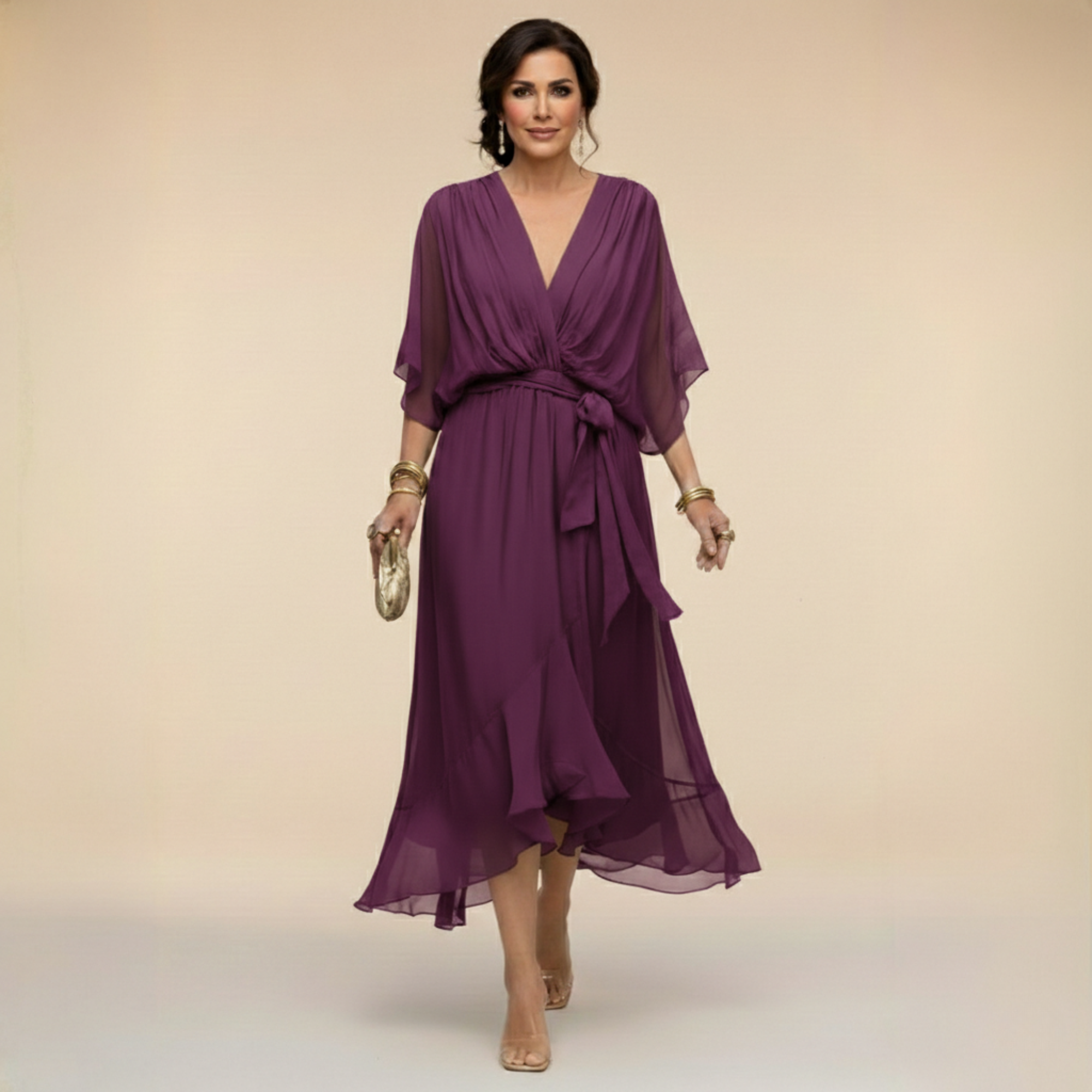 Sarah Sandra Chiffon V-Neck Dress - Flowing Maxi Dress for Women - Elegant Floor-Length Style