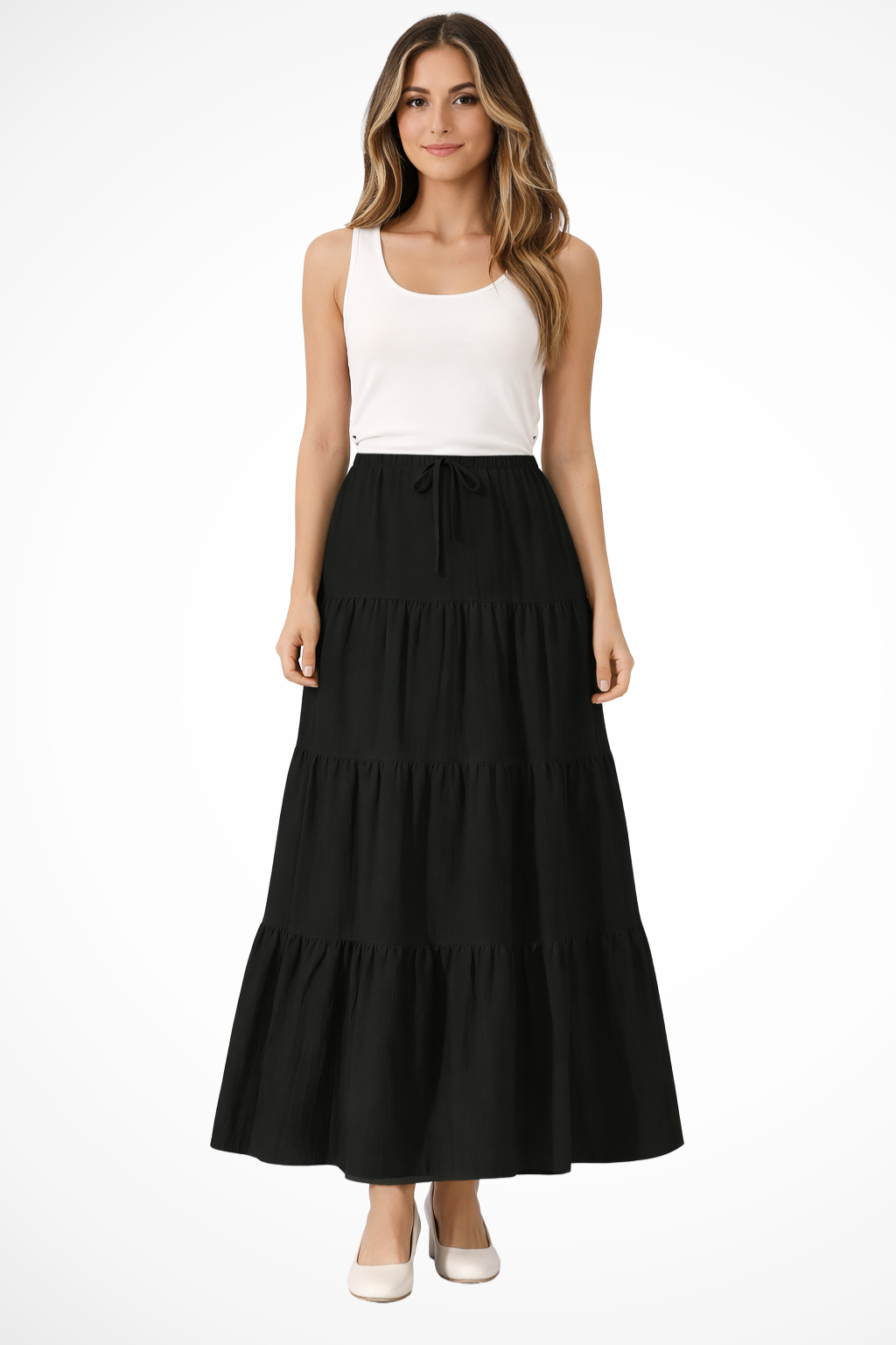 Tiered Boho Maxi Skirt with Elasticated Drawstring Waist