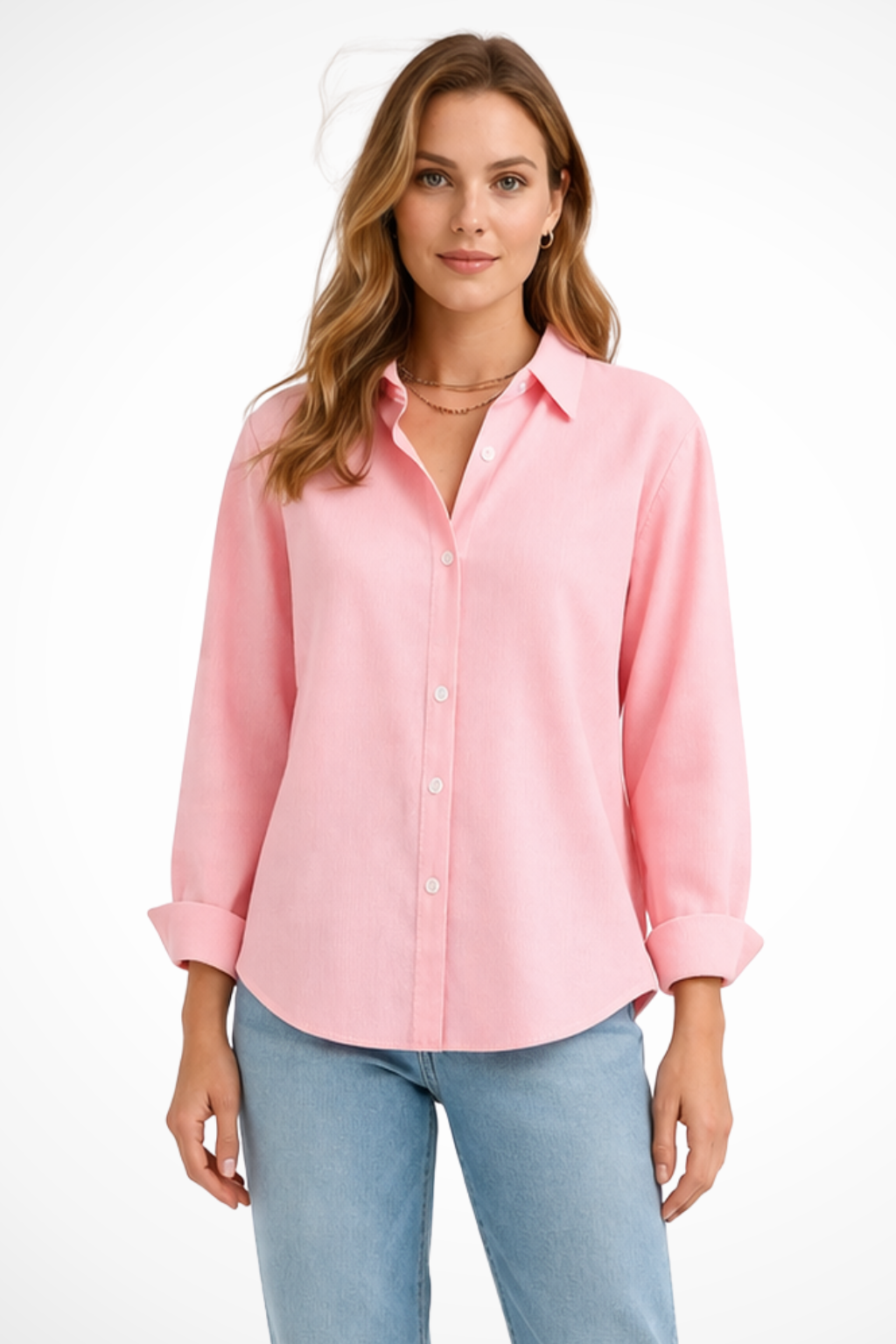 Relaxed Fit Long Sleeve Collared Button-Down Shirt for Women