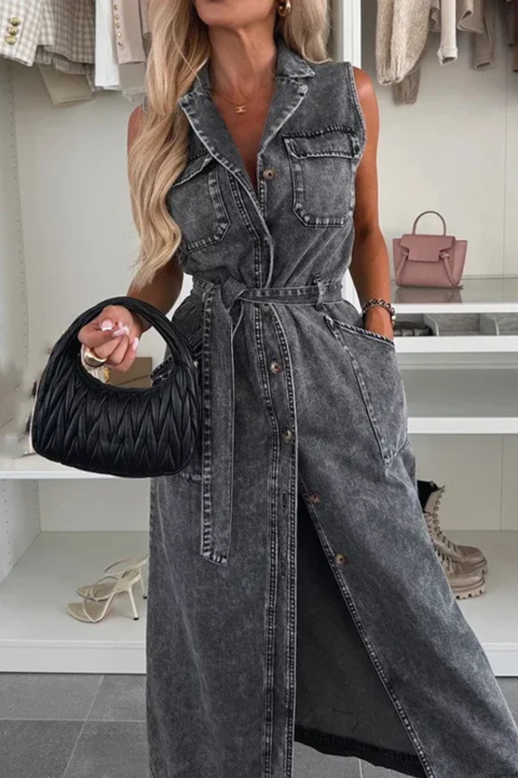 Sleeveless Belted Button-Down Denim Maxi Dress with Front Split