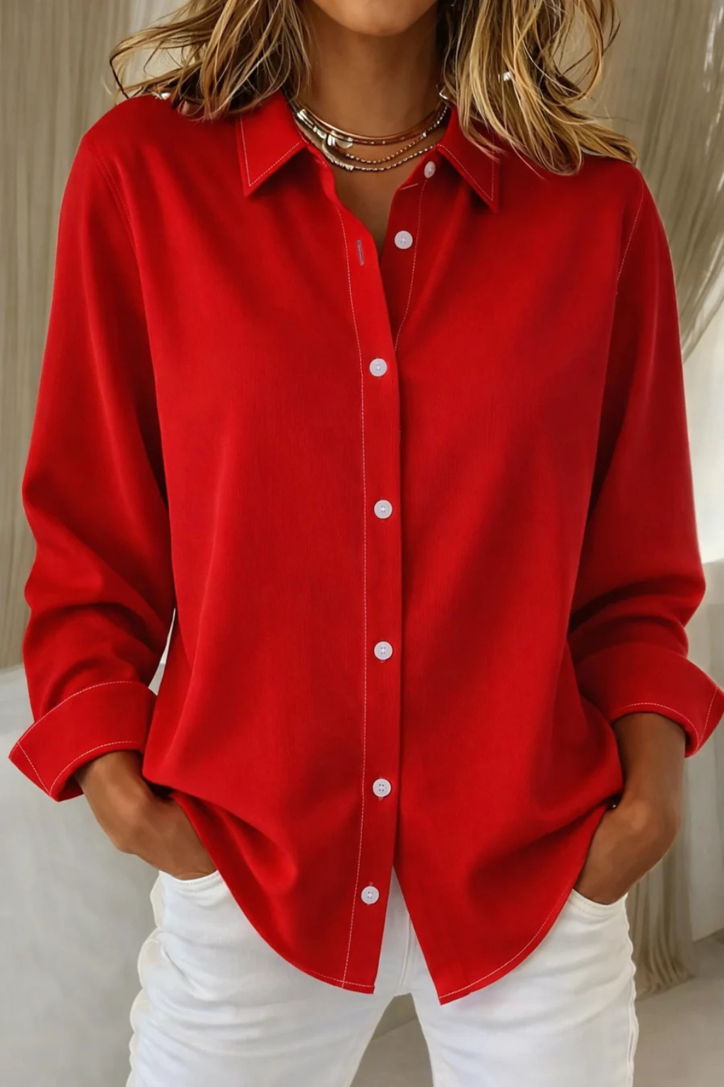 Relaxed Fit Long Sleeve Collared Button-Down Shirt for Women
