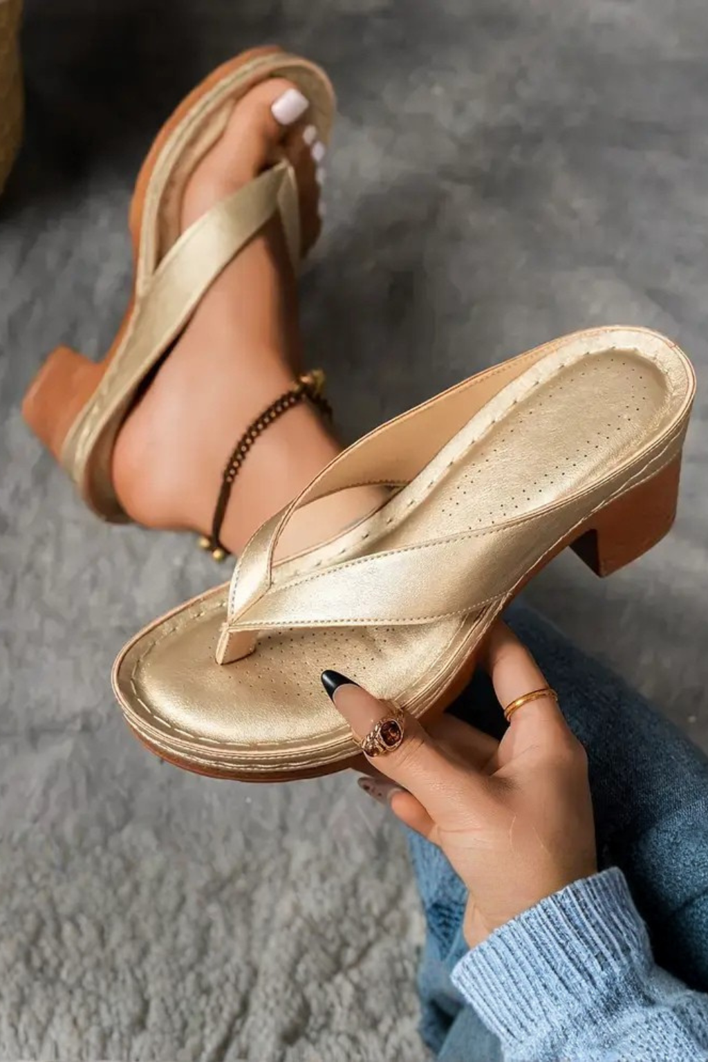 Metallic Toe Post Block Heel Sandals for Women