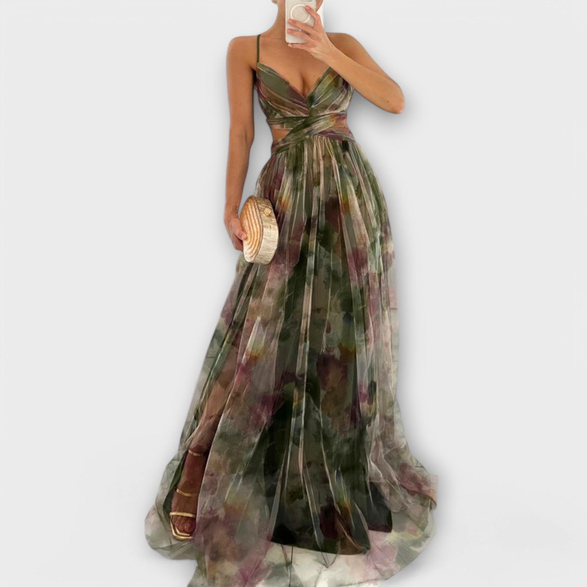 Elegant Knit Maxi Dress with Shaping Cut and Timeless Print