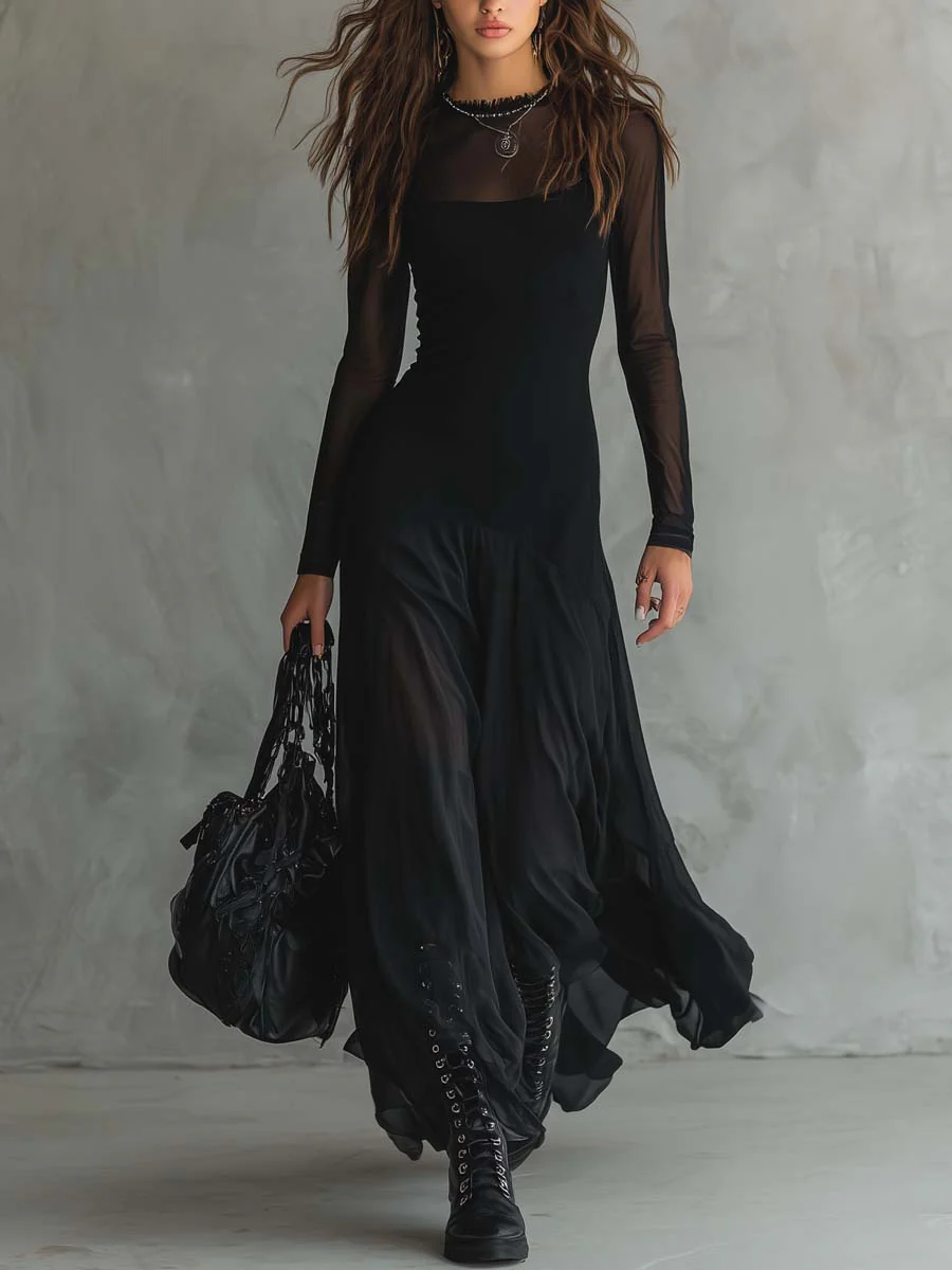 Black Tulle Patchwork Maxi Dress – Flowing Evening Elegance