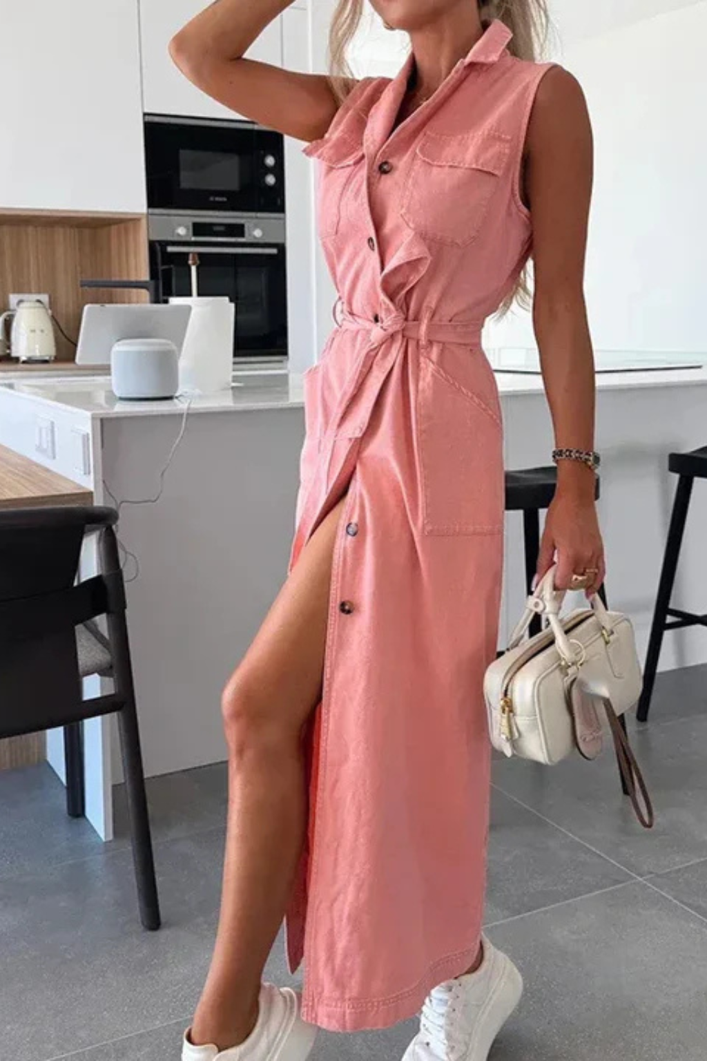 Sleeveless Belted Button-Down Denim Maxi Dress with Front Split