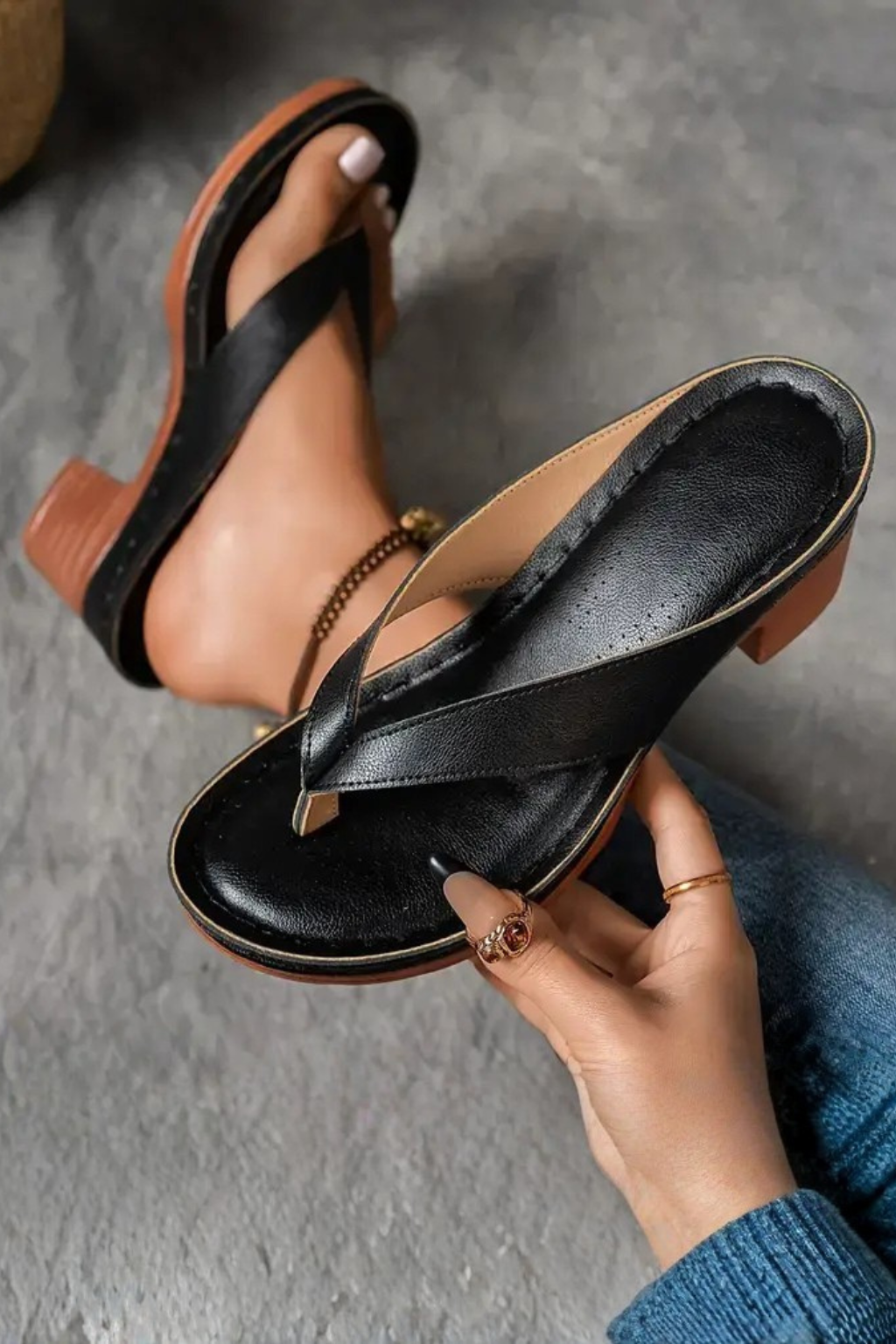 Metallic Toe Post Block Heel Sandals for Women