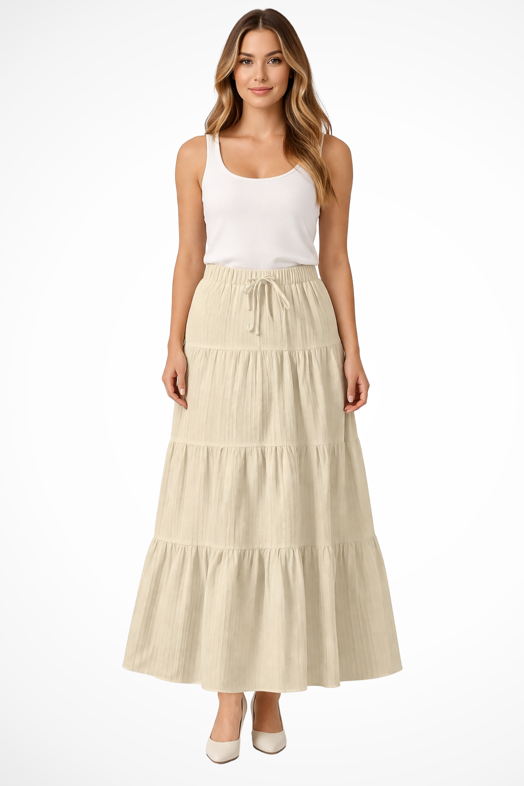 Tiered Boho Maxi Skirt with Elasticated Drawstring Waist