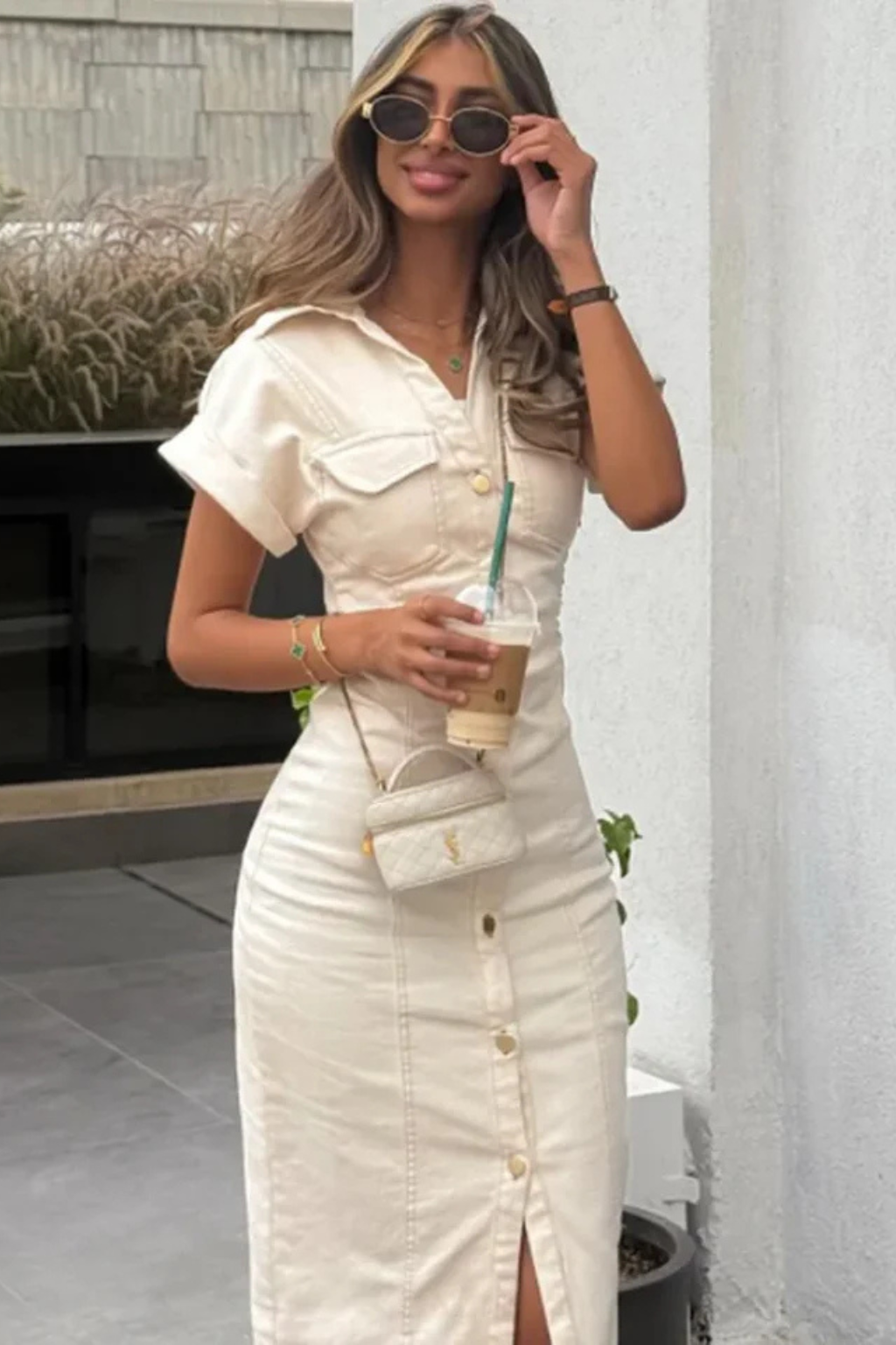 Fitted Denim Midi Shirt Dress with Button-Through Front