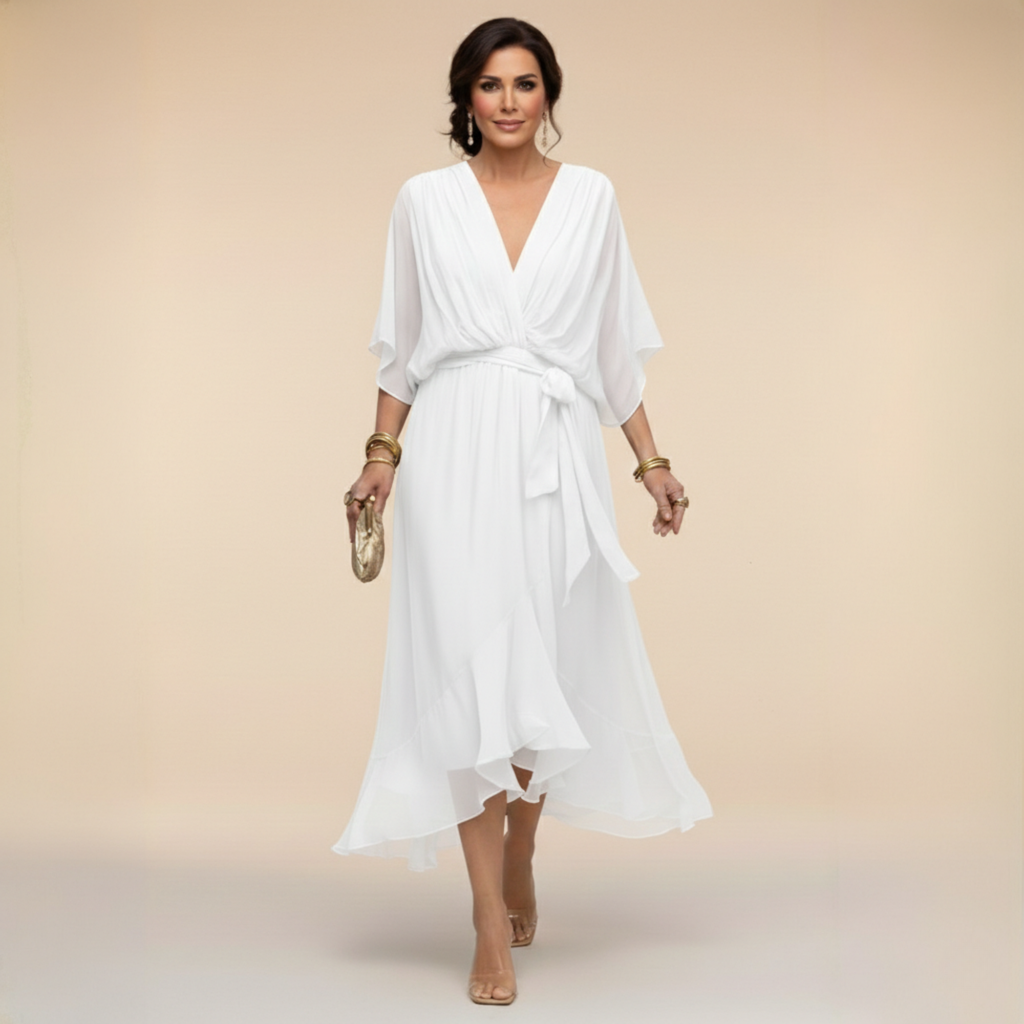 Sarah Sandra Chiffon V-Neck Dress - Flowing Maxi Dress for Women - Elegant Floor-Length Style