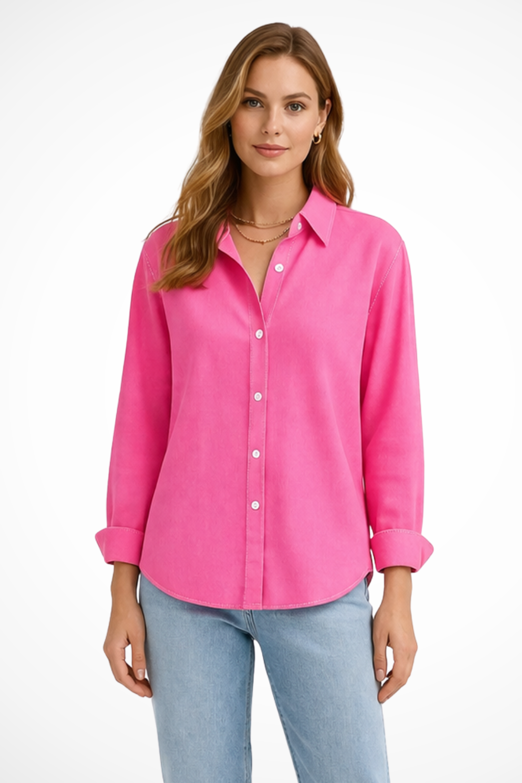 Relaxed Fit Long Sleeve Collared Button-Down Shirt for Women