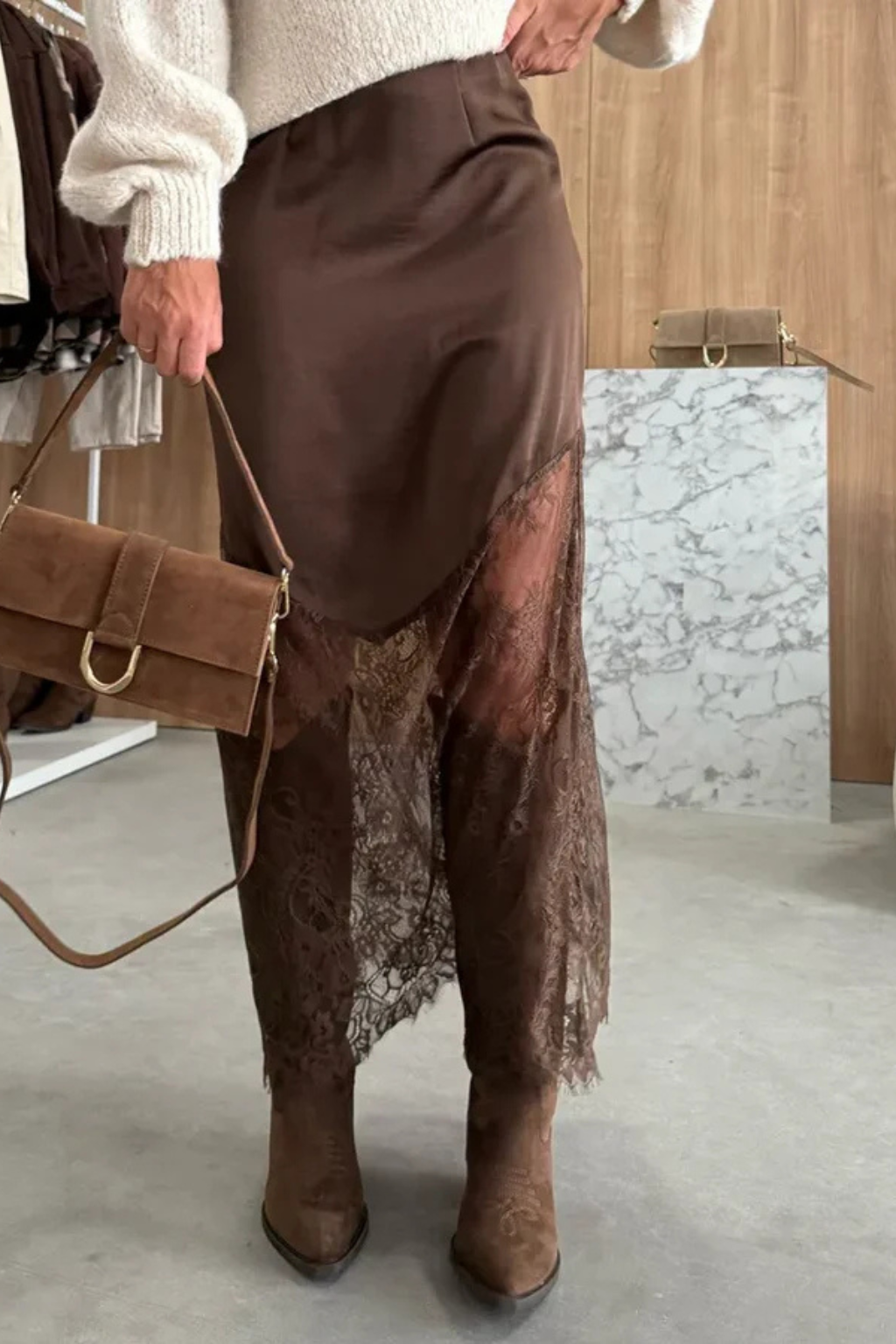 Satin Lace Hem Asymmetric Maxi Skirt | Elegant Long Skirt