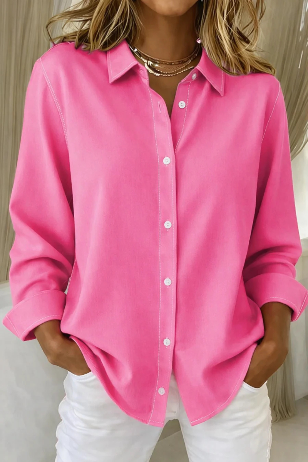 Relaxed Fit Long Sleeve Collared Button-Down Shirt for Women