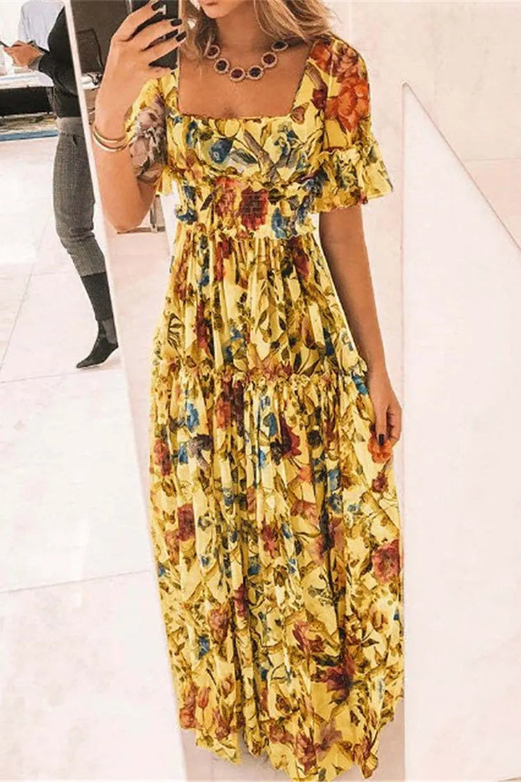 Floral Square Neck Ruffle Sleeve Maxi Dress in 2 Colors
