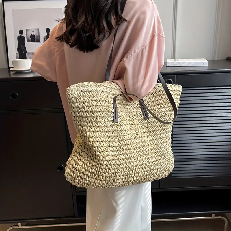 Oversized Woven Straw Tote Bag for Summer Beach & Travel