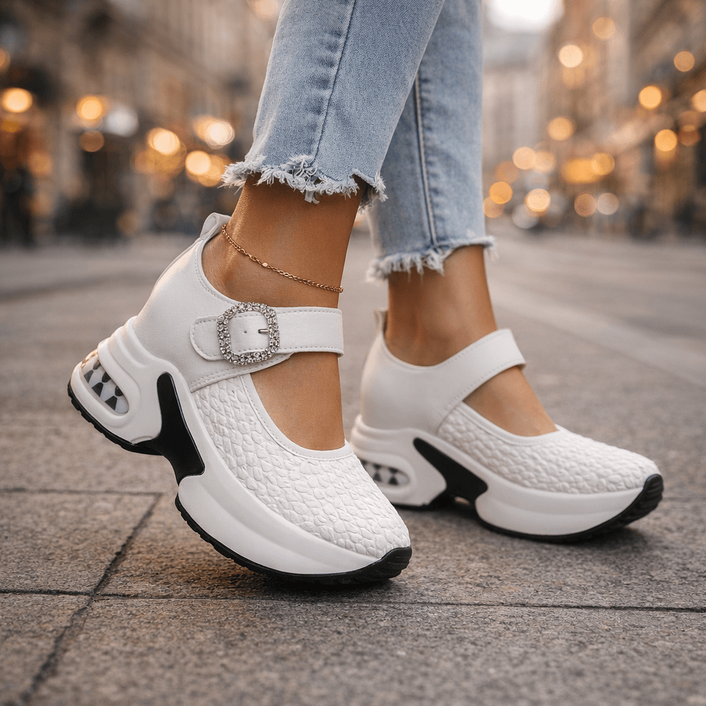 Amira Charm Platform Sneakers with Crystal Buckle Strap and Woven Textured Upper