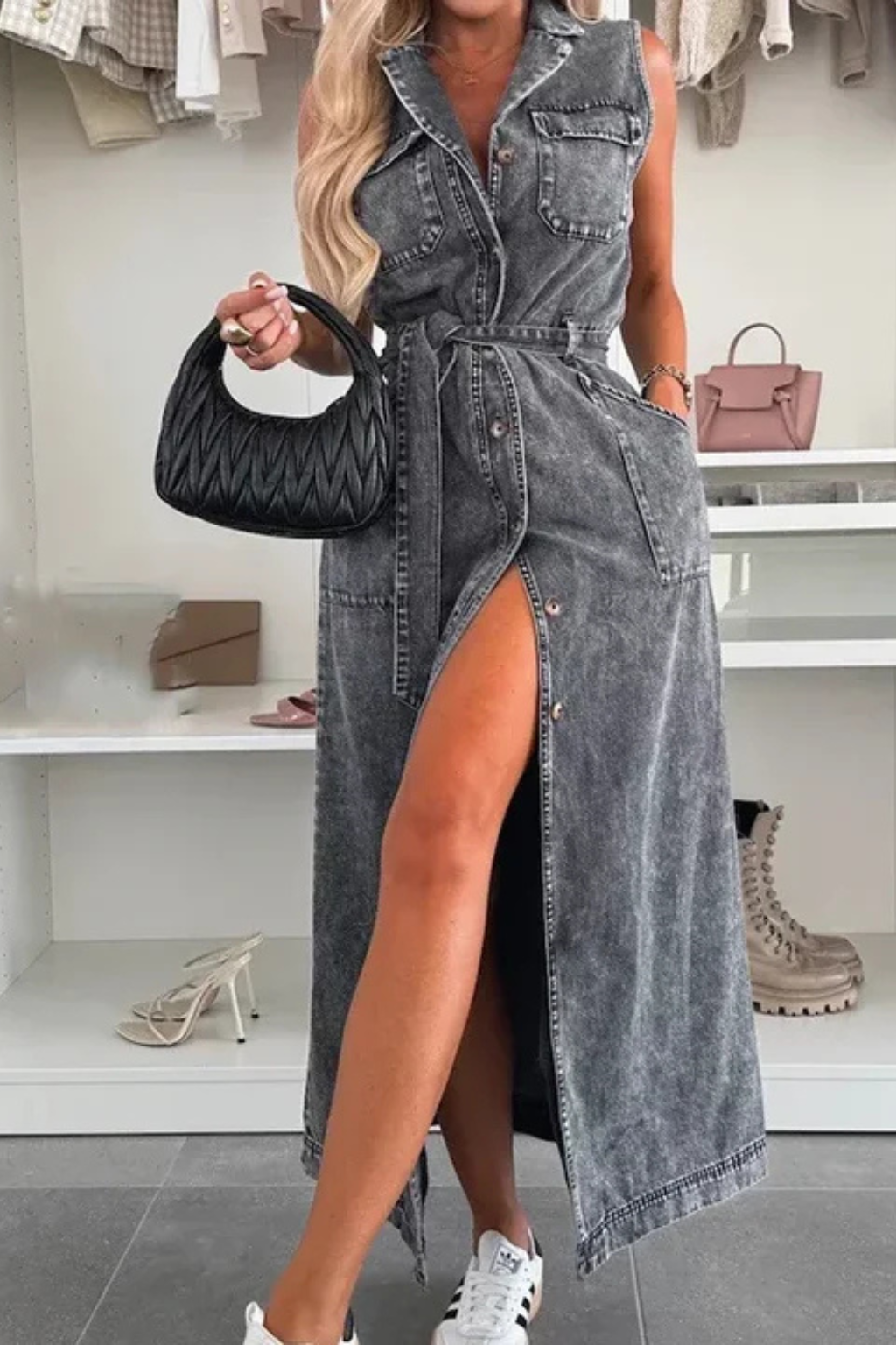 Sleeveless Belted Button-Down Denim Maxi Dress with Front Split