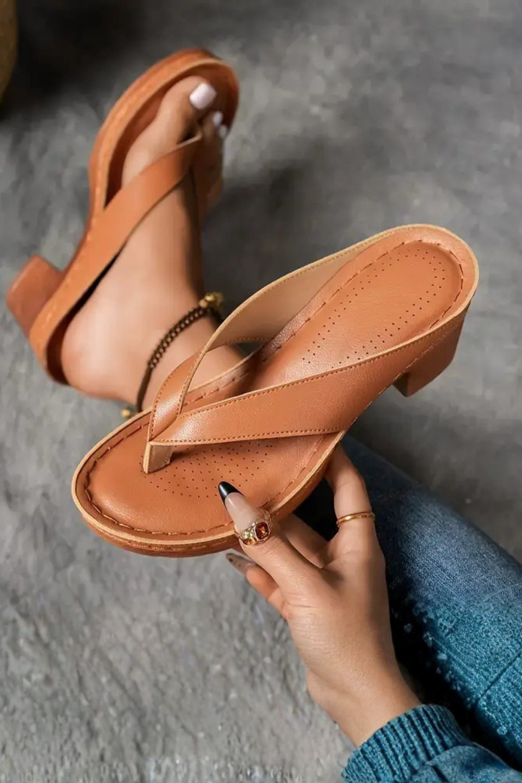 Metallic Toe Post Block Heel Sandals for Women