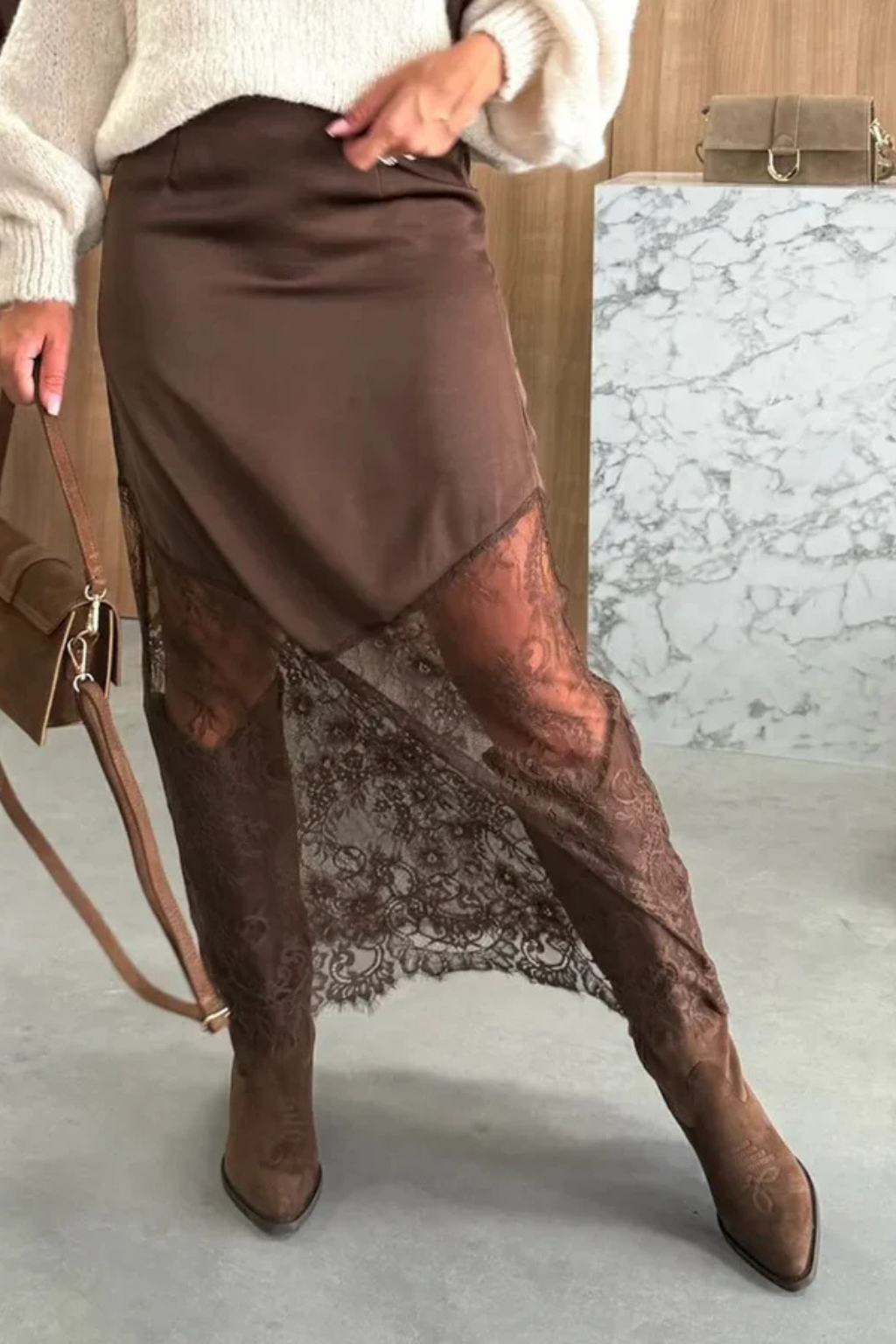 Satin Lace Hem Asymmetric Maxi Skirt | Elegant Long Skirt