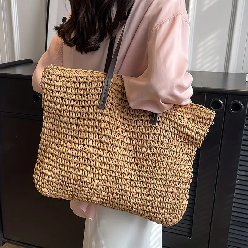 Oversized Woven Straw Tote Bag for Summer Beach & Travel